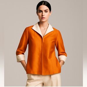 [s] SHOMI Vintage Silk Dupioni Blouse – Mod Orange & Ivory Collared Top Shirt
